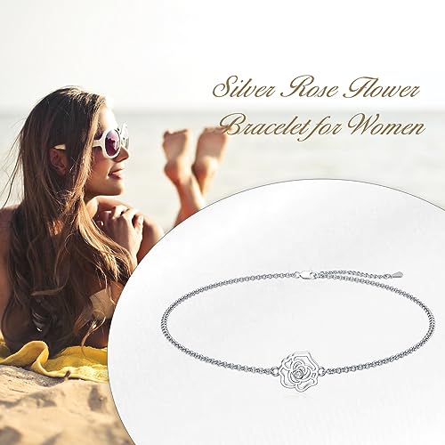 Flower Ankle Bracelet for Women, 925 Sterling Silver Crystal Adjustable Anklet
