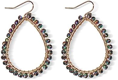 Bohemian Boho Beaded Teardrop Dangle Drop Earrings Hollow Sparkly Crystal Gold Wire Wrapped Crystal Earrings for Women Girls Statement Jewelry