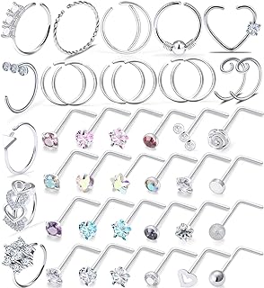 Kridzisw 18G 20G Heart Star CZ Nose Rings Hoop Stainless Steel L-Shaped Nose Rings Studs Tragus Cartilage Helix Earrings Piercing Hoop 22pcs-41Pcs