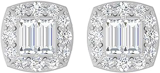 JEWYO 1.00 Carat Round And Baguette Cut Natural Diamond (Color H-I, Clarity I1-I2) | Square Stud Halo Earrings For Women | Crafted In 14K White, Rose,Yellow Gold (14K White Gold)