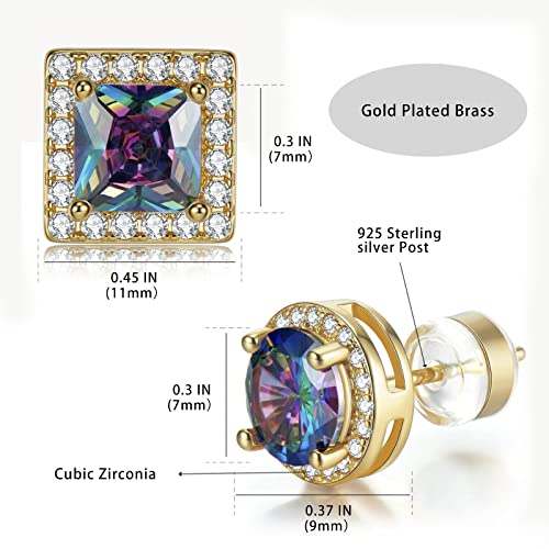Stud Earrings For Women Men 2 Pairs Sterling Silver Post Gold Plated Round Princess Cut Multcolors Cubic Zirconia CZ Birthstone Jewelry Gifts weinuo