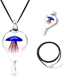 Artisan Hand Blown Murano Inspired Glass Jellyfish Necklace with Lobster Clasp on Cord Chain for Women - Blue Pendant Jewelry Gift