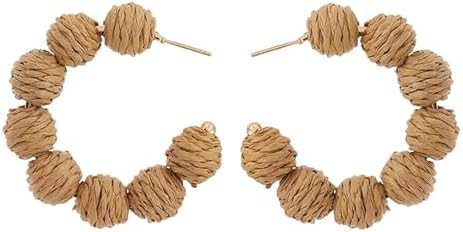 Women's Raffia Hoop Earrings with French Wire Back Finding - Handmade Straw Woven Design Bohemian Beach Accessories, Zinc, 3cm Width