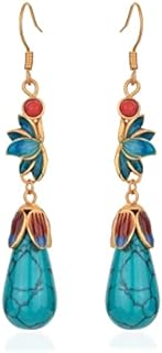 Turquoise Dangle Drop Earrings, 925 Sterling Silver Fish Hook, Enamel and Turquoise Oval 10mm Cute Boho Earrings for Women