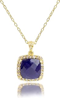 MAX+STONE 18k Gold Plated Silver, 5 Ct. Cushion Cut Created Blue Sapphire Necklace with Spring Ring Clasp & Cable Chain, 10mm Width