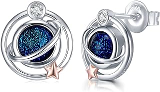 Push-Back Cubic Zirconia Saturn Stud Earrings in Sterling Silver for Women and Girls - Planet Design