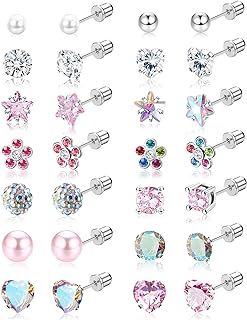 YADOCA 14 Pairs Hypoallergenic Screw Back Earrings for Girls Women Surgical Steel Tiny CZ Pearl Ball Heart Flower Screwback Earrings Studs Set Multicolored Pink