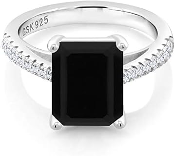 Gem Stone King 925 Sterling Silver Black Onyx and White Created Sapphire Women's Wedding Engagement Ring (3.39 Cttw, Gemstone Birthstone, 10X8MM Emerald Cut, Available In Size 5, 6, 7, 8, 9)