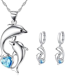 Dolphin Necklace with Dolphin Earrings Sterling Silver with Blue Heart Shaped Crystals Circle Hoop Earrings for Women