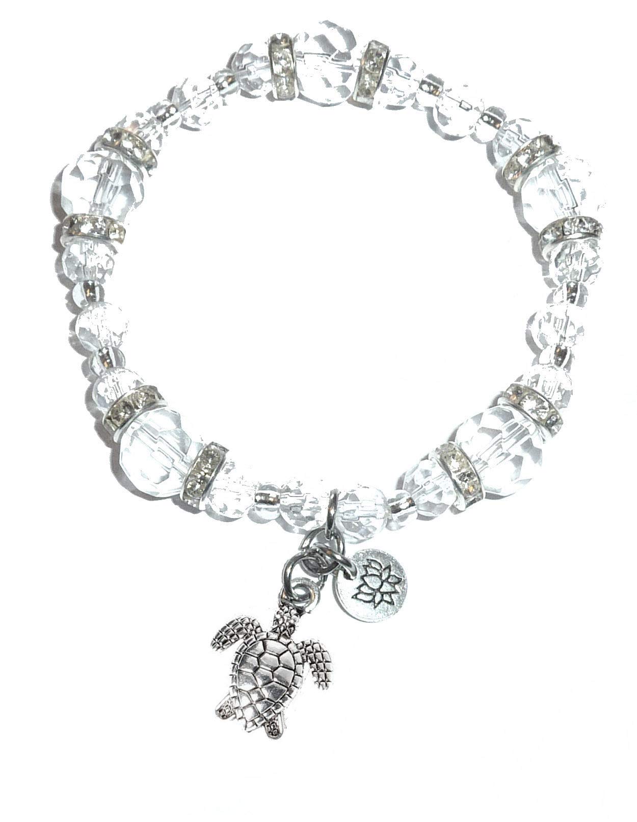Women's Silver-Plated Cord Chain Crystal Turtle Bead Bracelet with Message Dangle, Elegant Stretch Design - Perfect Gift