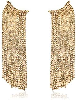 Gold/Silver Rhinestone Crystal Long Tassel Dangle Earrings-Fringe Chain Chandelier Drop Earrings for Women, Wedding, Gifts