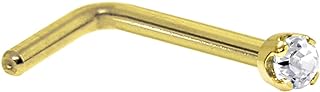 14K Yellow Gold L-Shaped Nose Ring with Genuine White Diamond for Women, Elegant Design