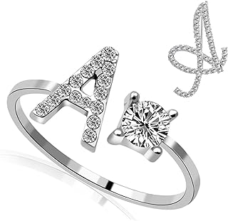 Silver Plated Crystal-Embellished Brooch and Adjustable Initial Ring Set for Women and Girls by RINHOO, A-Z Alphabet Designs