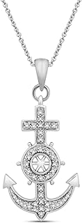 Jewelili Sterling Silver 1/10 Cttw Natural White Round Diamond Anchor Nautical Steering Wheel Cross Pendant Necklace, 18" Rolo Chain