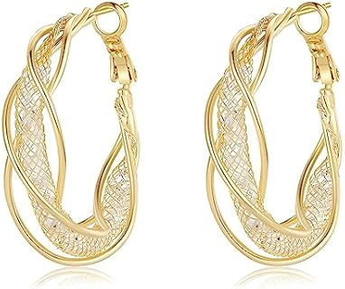Luxurious 18K Gold Plated Filigree Hoop Earrings with Cubic Zirconia, Twisted Design for Women - Comfortable & Durable Copper Clasp
