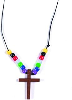 Fun Express Beaded Wooden Cross Necklace Craft in Multicolor Plastic with Durable Nylon Cord for Kids, Faith-Theme Design