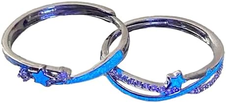 Blue Glow Star Promise Matching Rings for Couples Rings for Him and Her Set Friends Silver Diamond Wedding Cute Adjustable Dainty