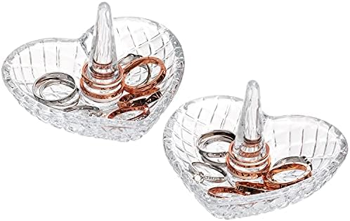 MyGift Clear Glass Ring Cone with Tray, Engagement Wedding Ring Holder with Heart Shaped Design, Small Jewelry Ring Dish, Set of 2