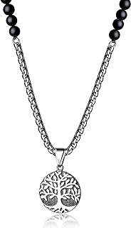 COAI Stainless Steel Onyx Gem Japanese Bead Necklace with Lobster Cord and Spring Ring Clasp, Tree of Life Design