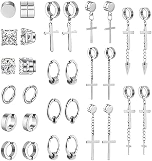 NEWITIN 15 Pairs Magnetic Stud Earrings for Men Stainless Steel Magnetic Earrings Men Clip on Earrings Non Piercing Cross Earrings Unisex CZ Hoop Dangle Magnetic Earrings for Men Women