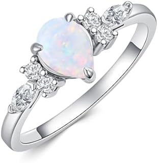 Center 1CT Pear Shaped Opal Engagement Rings for Women Platinum Plated Silver White Opal with Moissanite Engagement Ring for Valentine's Day, Anniversary