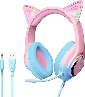 Mytrix Gaming RGB-Headset mit 360° Mikrofon und Surround Sound, pinke Katzenohren, für PS4, PS5, Xbox, PC und mehr, perfekt für Gamingsessions mit Stil und Komfort