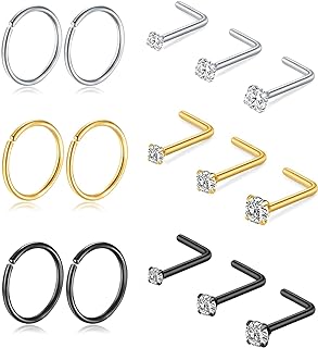 Titanium Nose Rings Hoops Studs 20G 15PCS L Shaped Screw Bone Nose Studs 1.5mm 2mm 2.5mm Cubic Zirconia Small Silver Black Gold Nose Ring Studs Hypoallergenic Nose Piercing Jewelry for Women Men