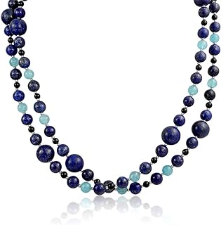 Bling Jewelry Long Wrap Around Layer Blue Shades Aqua Quartz Blue Lapis Black Onyx Gemstone Ball Bead Strand Necklace For Women 40 Inch