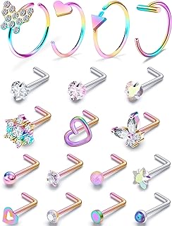 Prjndjw 20G Nose Rings Hoop Surgical Stainless Steel L-Shaped hypoallergenic nose ring indian Nose Rings Studs Screw Clear CZ diamond Retainer Tragus Cartilage Helix Earrings Piercing Hoop 20 Gauge