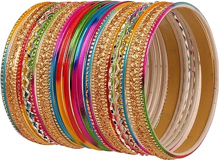 Touchstone Stunning Rainbow Antique Gold-Tone Bangle Bracelet Set for Women - Durable Alloy with Box Chain Slide Clasp