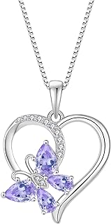 Women's Heart Butterfly Alexandrite Pendant Necklace with Cubic Zirconia in 925 Sterling Silver, Cable Chain & Spring Ring Clasp