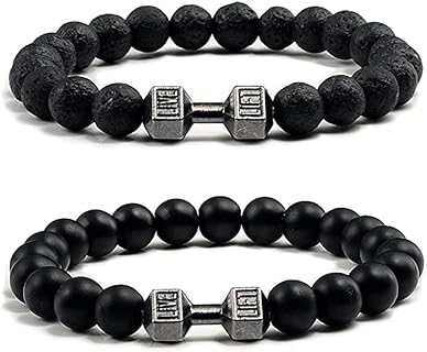 Black Volcanic Stone Dumbbell Bead Chain Bracelet for Men and Women - Fitness Barbell Jewelry Gift, Adjustable Size