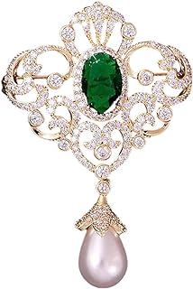 Vintage Emerald Green Pearl Pendant Rhinestones Flower Brooches For Women Girls Elegant Retro Sparkly Crystal Dangle Drop Brooch Fashion Lapel Pins Dress Suit Shirt Accessories Jewelry Christmas Birthday Gifts For Her Mom