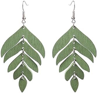 Boho Wooden Palm Leaf Dangle Earrings with French Wire Back for Women and Girls - Lightweight Summer Tropical Design