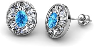 Oval Cut Blue Topaz & Baguette Natural Diamond 1.22 ctw Women Milgrain Halo Stud Earrings 14K Gold