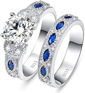 3.5ct Round Cut Cubic Zirconia Ring Wedding Ring Set Created Blue Sapphire Women's Bridal Rings Sets 925 Sterling Silver Ring Rhodium Plated Blue Engagement Ring Size 5-10
