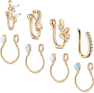 JFORYOU Fake Nose Rings Stainless Steel Inlaid CZ Faux Piercing Jewelry Fake Nose Ring Spring Clip on Circle Hoop No Pierced Septum Nose Ring Women Men