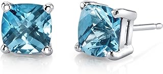 Peora 14K White Gold Swiss Blue Topaz Earrings for Women, Genuine Gemstone Solitaire Studs, Cushion Cut 6mm, 2.25 Carats total, Friction Back