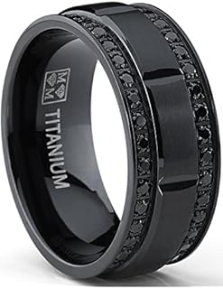9MM Men's Black Titanium Wedding Band Ring with Double Row Black Cubic Zirconia, Comfort Fit