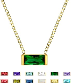 Dainty Emerald Cut Diamond Birthstone Necklace 18K Gold Plated for Women Trendy Girls, Cute Baguette Cubic Zirconia Crystal Pendant Necklaces Birthday Gifts
