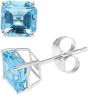 KOKAV 14K White Gold Blue Topaz Stud Earrings with Push Back for Women, Square Design