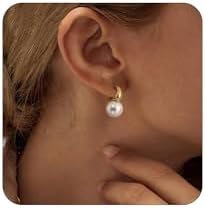 Gold Pearl Earrings for Women Girls, 14K Gold Plated/925 Sterling Silver Pearl Drop Hoop Earrings Dangling Big Large Small Pearl Dangle Earrings Trendy Pearl Earrings Pearls Jewelry Gift for Women