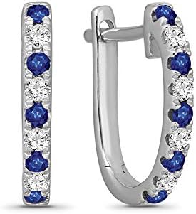 Sterling Silver Diamond and Blue Sapphire Hoop Earrings (1/10 cttw, I-J Color, I2-I3 Clarity)