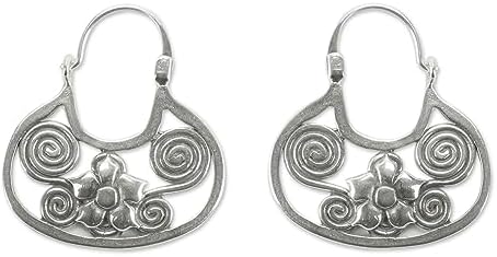 Endless Clasp Traditional Mexican Hoop Earrings - Sterling Silver, Handcrafted Floral Mazahua Design, No Gemstone, for Women, 1.4" Length x 1.2" Width