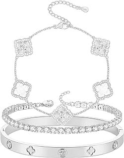 Valentine's Day 18K White Gold Plated Stainless Steel Link Chain Tennis Bracelets With Cubic Zirconia Four Leaf Clover Design Set for Women and Girls