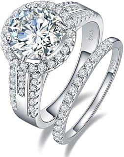 3.45ct Round Halo Women's Engagement Ring Sets 925 Sterling Silver Stackable Half Eternity Wedding Bands Stackable Cubic Zirconia Wedding Bands Rings Women Bridal Set Size 5-9