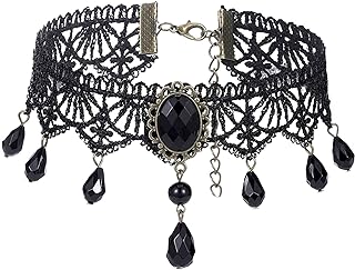 Lobster Clasp Gothic Choker - Black Crystal & Lace Pendant Necklace with Cable Chain - Stylish Alloy Goth Jewelry for Women and Teen Girls