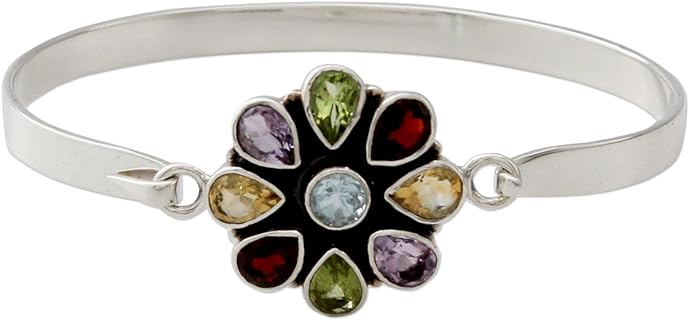 NOVICA Handmade Multigemstone Bangle Bracelet Artisan Crafted .925 Sterling Silver Amethyst Blue Topaz Citrine Garnet Peridot Multicolor Green Purple Red India Birthstone 'Floral Emblem'