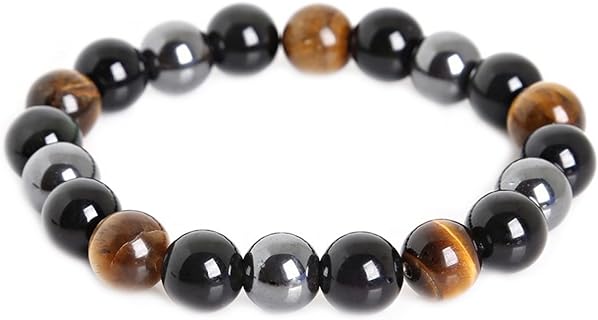 Buddha Beads Bracelet with Bead Chain Clasp, Tiger Eye, Hematite & Black Obsidian Stones for Unisex, Classic Spin Design