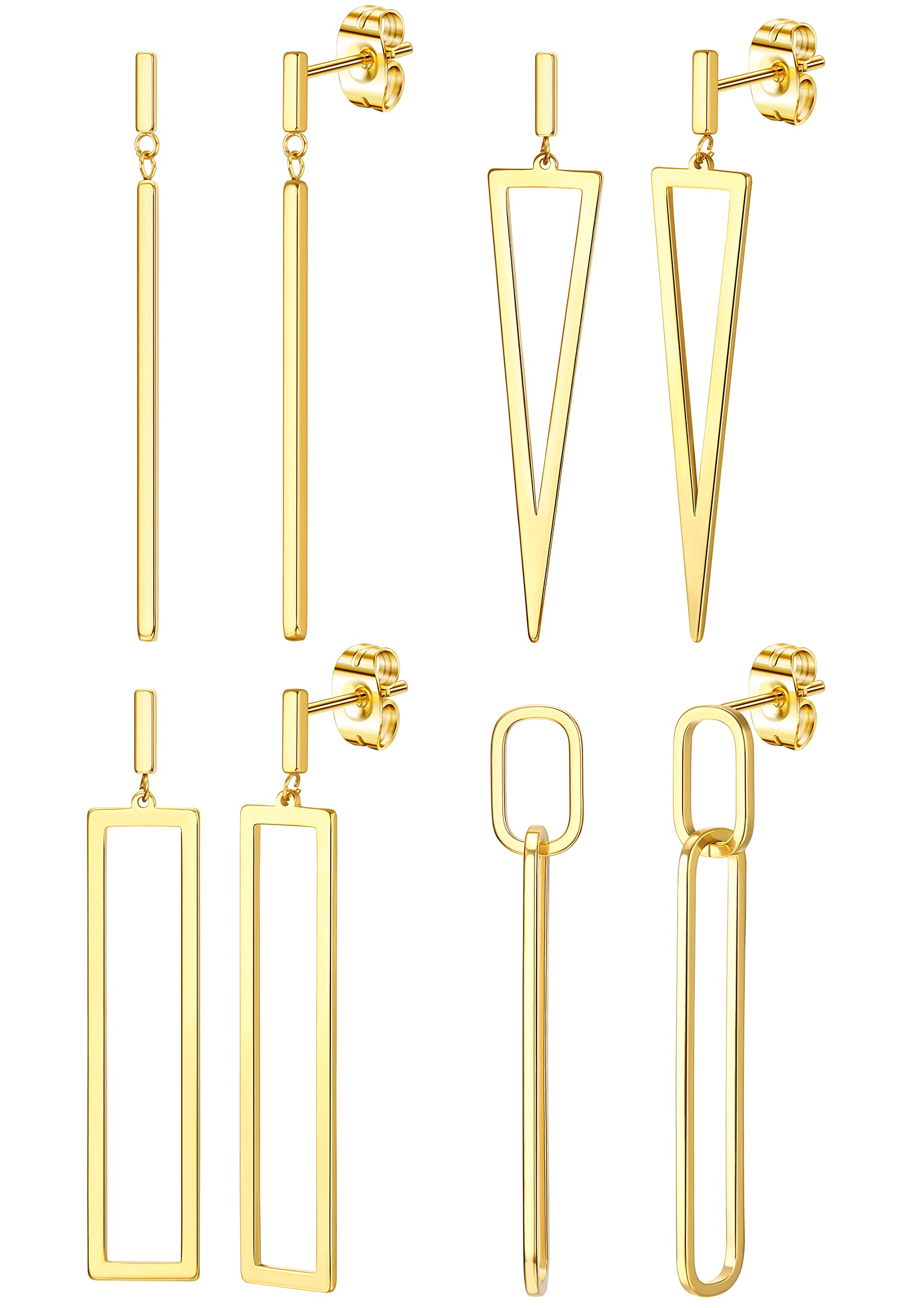 Sanfenly 4 Pairs Dangle Statement Drop Earrings For Women Gold Silver Black Hypoallergetic Stainless Steel Earrings Dangling Dangly Long Big Boho Dainty Fashion Elegant Simple Geometric Paperclip Bar Earrings